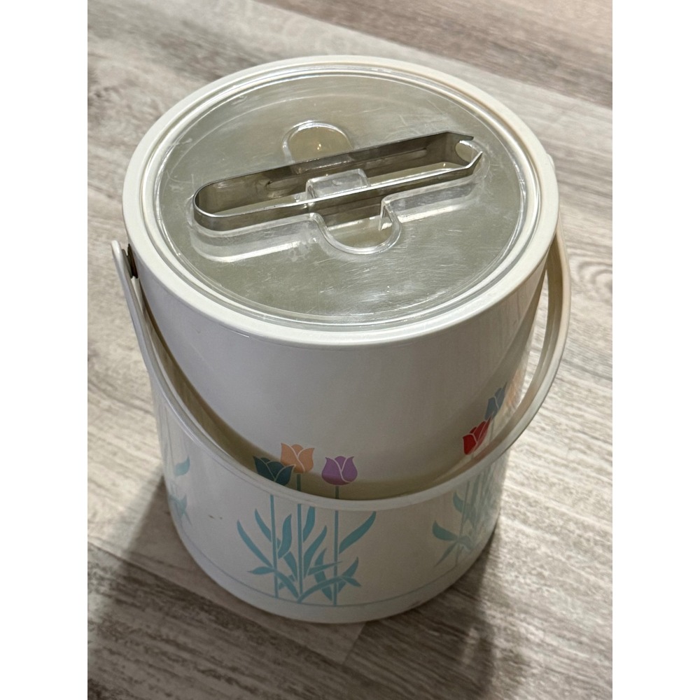 Vintage Phoenix Floral Ice Bucket with‎ Lid Tongs Pastel Tulips Made in Taiwan
